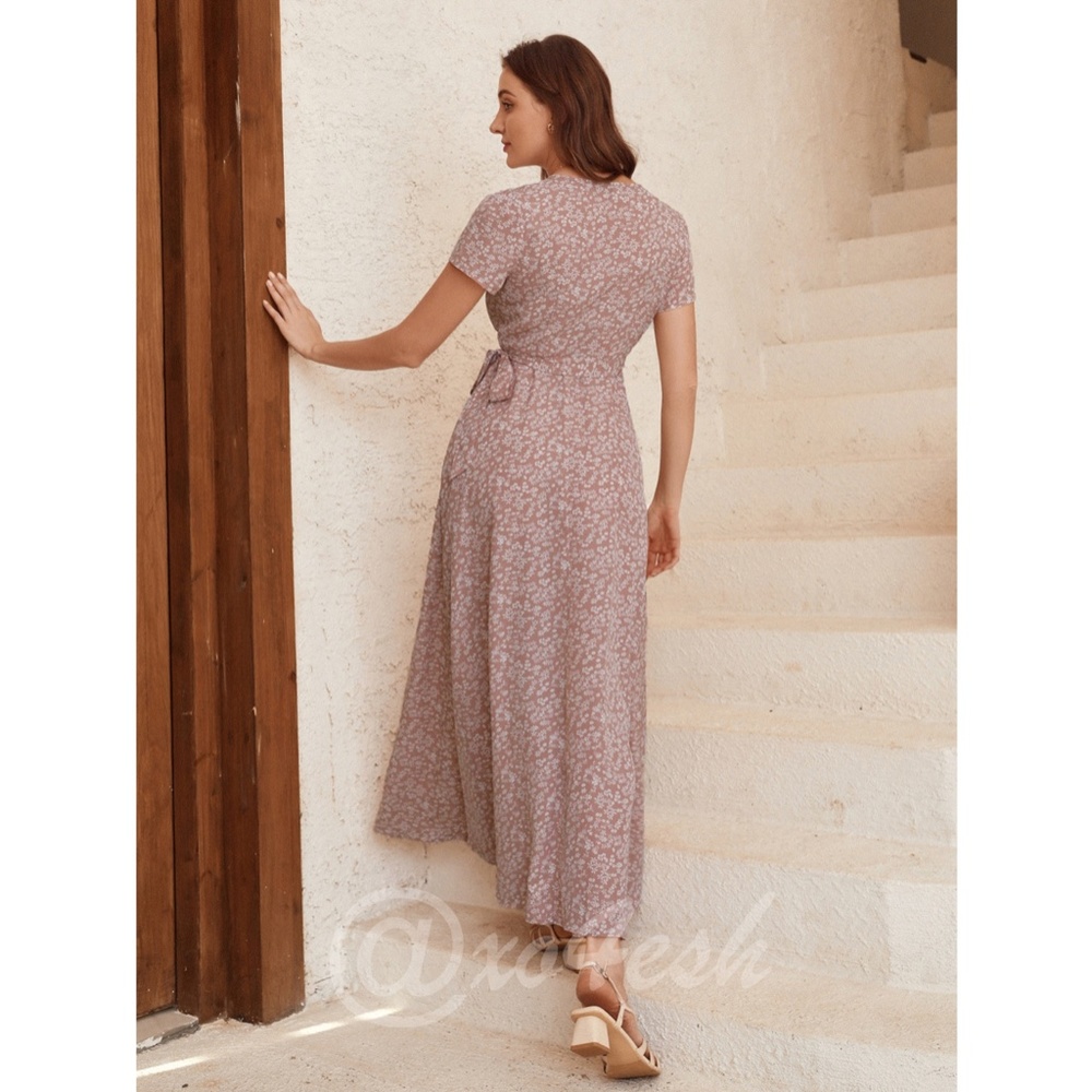 Dusty Pink Floral Print Long Wrap Dress - Picture 6 of 14